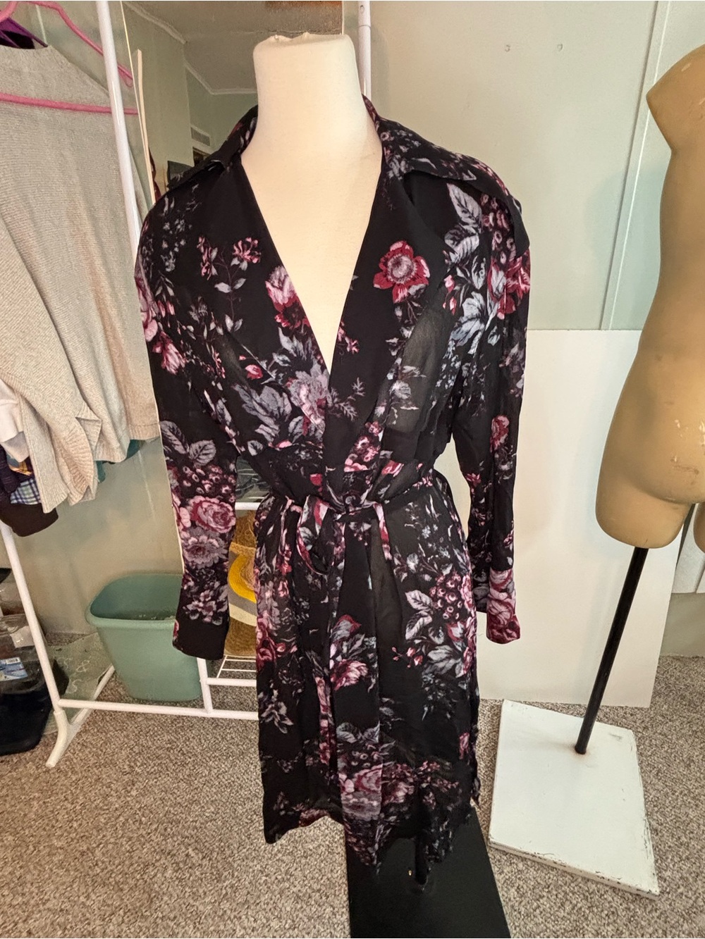Leith Black Floral Satin Wrap Robe with Plum Accents